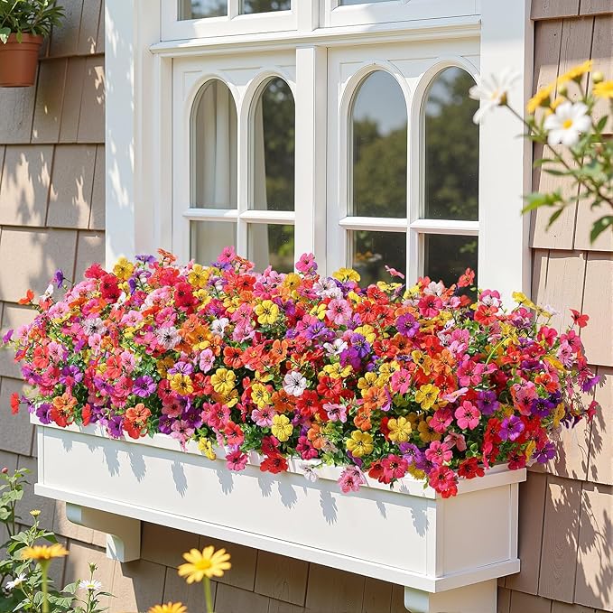 Alupssuc 48 Bundles Artificial Flowers for Outdoors Decoration, UV Resistant Silk Faux Floral Spring Fake Plastic Plants Greenery for Outside Indoor Patio Porch Window Box Home Decor(Upgrade 8 Colors)