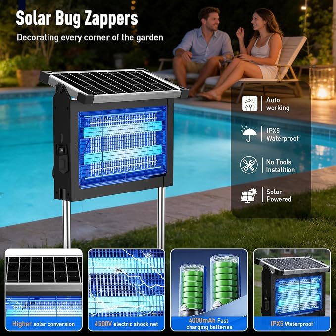 Solar Bug Zapper Outdoor Waterproof, 4500V Cordless Mosquito Zapper | USB-C rechargeable, solar powered with auto light sensor, hanging or stake use for patio, garden, backyard, camping, garage