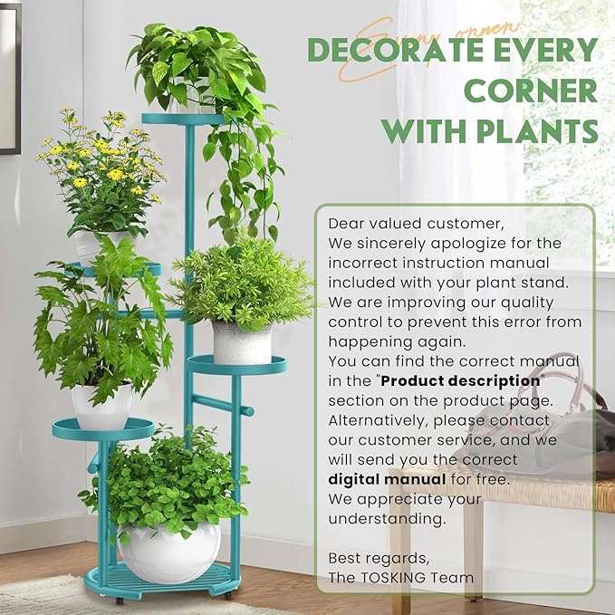 TOSKING 5-Tier Metal Plant Stand, Anti-Tip Round Base for Pots, Child & Pet Friendly, Space Saving Corner Shelf Flower Pot for Indoor Outdoor Use, Living Room Balcony Garden Patio Bedroom (Blue, 38in)
