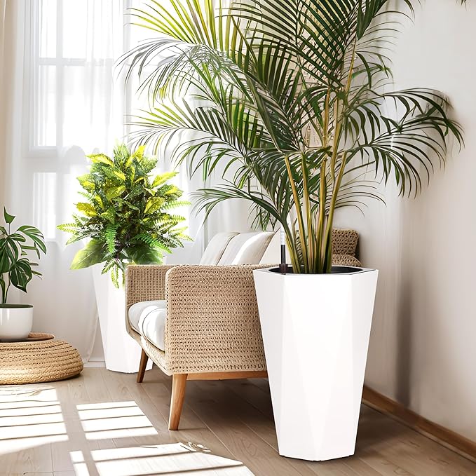 22.4 Inch Tall Planters for Outdoor Indoor Plants Set of 2, Tapered Large Flower Pots with 2 Trays and a Water Level Monitor Planter Pots, Plant Pot for Patio, Balcony, Lounge