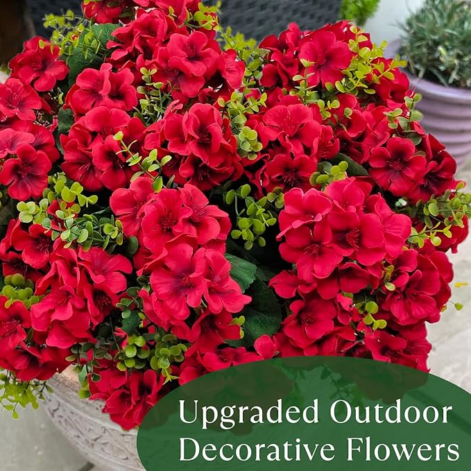 Artificial Geranium Flowers for Outdoor Decoration, 6 Bundles UV Resistant Silk Geranium Fake Plants Faux Flowers for Front Porch Garden Patio Window Box Outside Indoor Decor (Red)