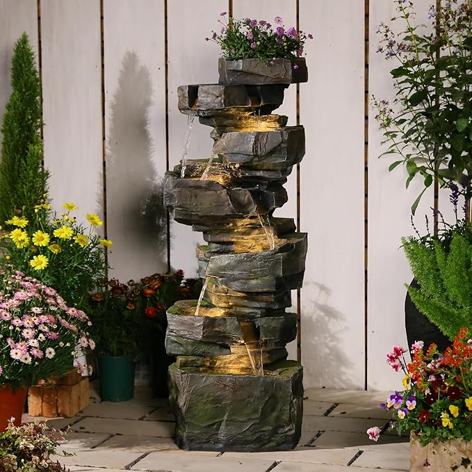 Sunlinua 48.6" H Outdoor Water Fountain with 6 Tiers Large Cascading Realistic Rock Waterfall Fountains with LED Lights Outdoor Water Fountain for Garden Patio Backyard Porch Home Decor