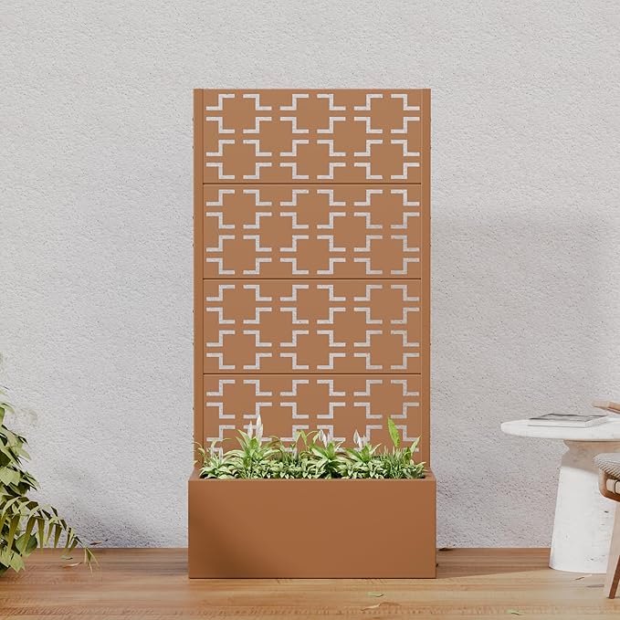 Casaphoria Metal Raised Garden Bed with Trellis, 59"x30"x12" Planter Box for Climbing Plants, Vegetables & Vines, Features Drainage Holes and Privacy Screen, Brown-Square