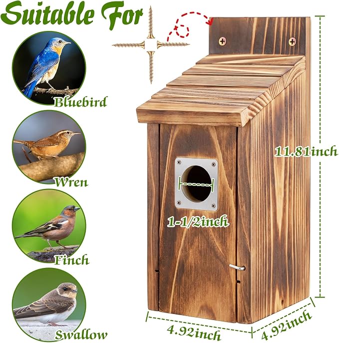 Dreyoo 2 Pack Bluebird Box Houses for Outside,1-1/2'' Entrance Hole Wooden Bird Houses with Metal Guard, Secure Latch,Fledgling Grooves,Air Vents for Bluebird Wren Swallow(Burnt Wood)