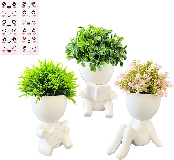 3 Packs Creative Small Fake Plants Artificial Succulents in Ceramic Human Shaped Pots Cute Office Plants For Desk Home Decor Funny Premium Ceramic Faux Succulent Perfect Humorous Gift Idea(3, White)