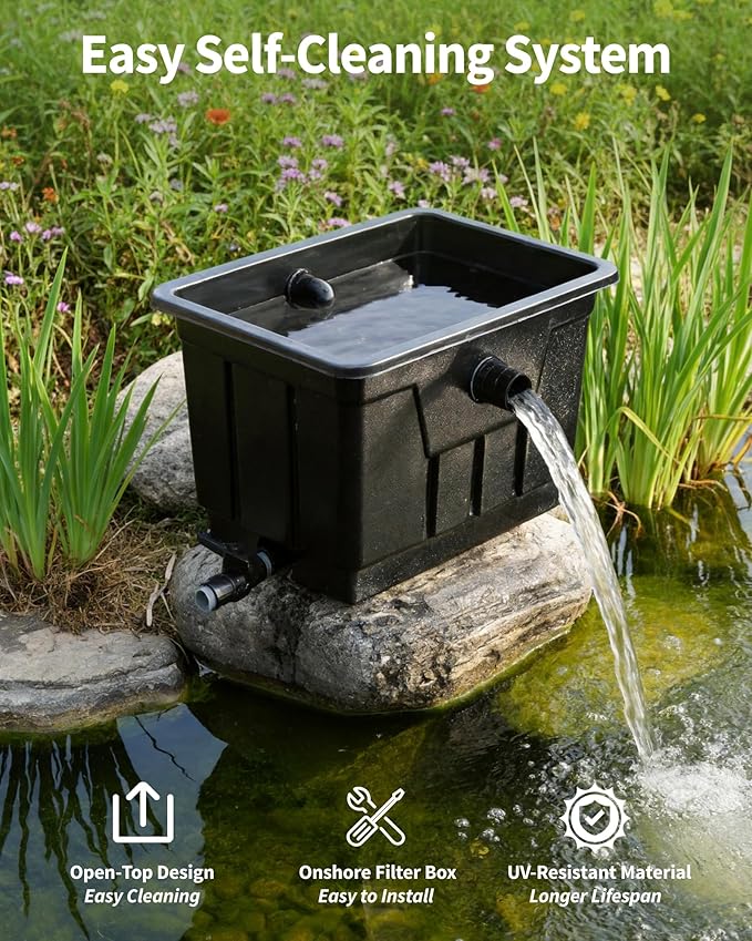 POPOSOAP Large Pond Filter Kit, 1200GPH Pond Filter with Quiet Pond Pump & 9.8FT Tube, Multiple Filtration System for for Koi Pond Garden Pond Water Clean & Clear-P2580