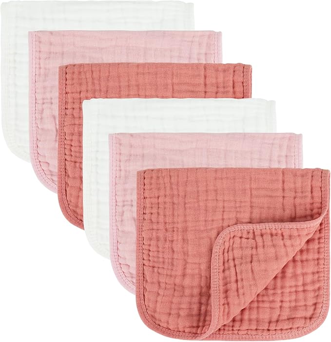 MIGIOL Baby Burp Cloths 100% Cotton Newborn Muslin Burp Cloths 10x20 inches Baby Essentials (6, White & Pink)