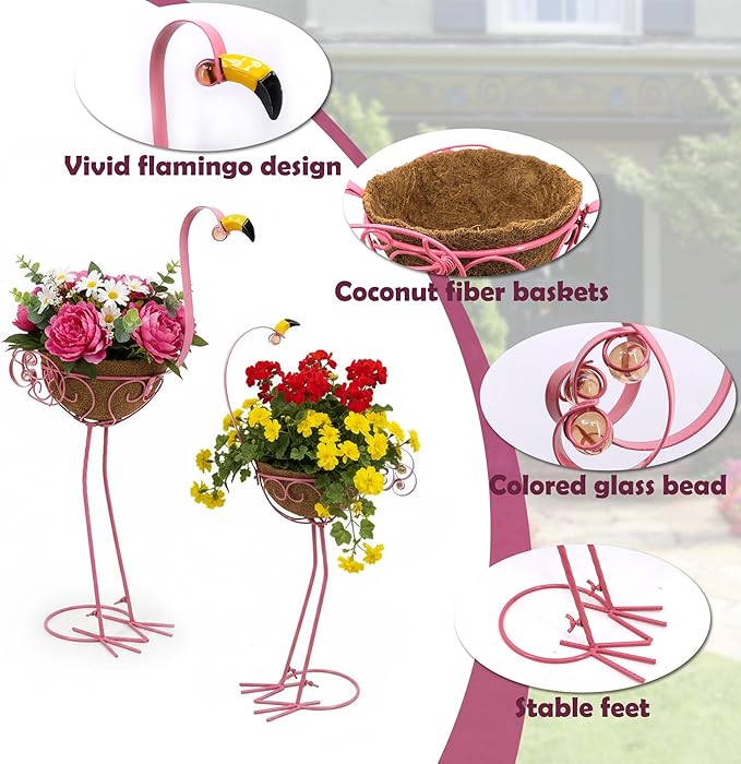 J-Fly Set of 2 Pink Flamingos Metal Potted Plants Holders with Coconut Flower Pots, Christmas Yard Flamingos Plant Stand Indoor & Outdoor, Floral Garden Christmas Decor, Flower Pots Stand Outdoor