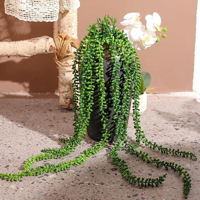 6pcs Artificial Succulents Hanging Plants, Fake Hanging Plant String of Pearls Plant, Faux Greenery Plants Draping Greenery Stems for Spring Indoor, Outdoor, Wall, Home, Backdrop, Garden