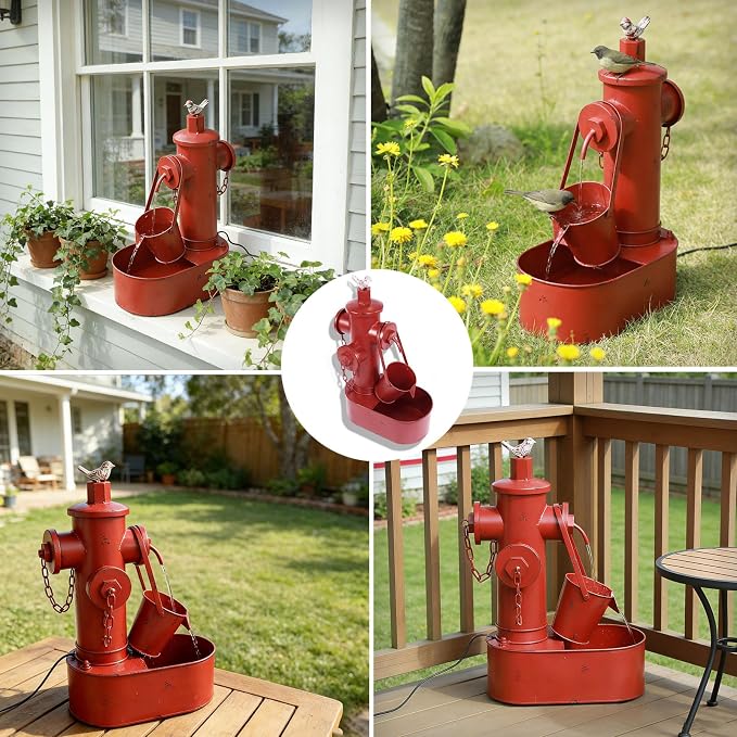 Metal Fire Hydrant Solar Water Fountain with Backup Battery,Solar Powered Water Fountain Outdoor,Solar Fountain Bird Bath for Garden, Patio & Yard Decor,Working at Night for at Least 6 Hours (red)