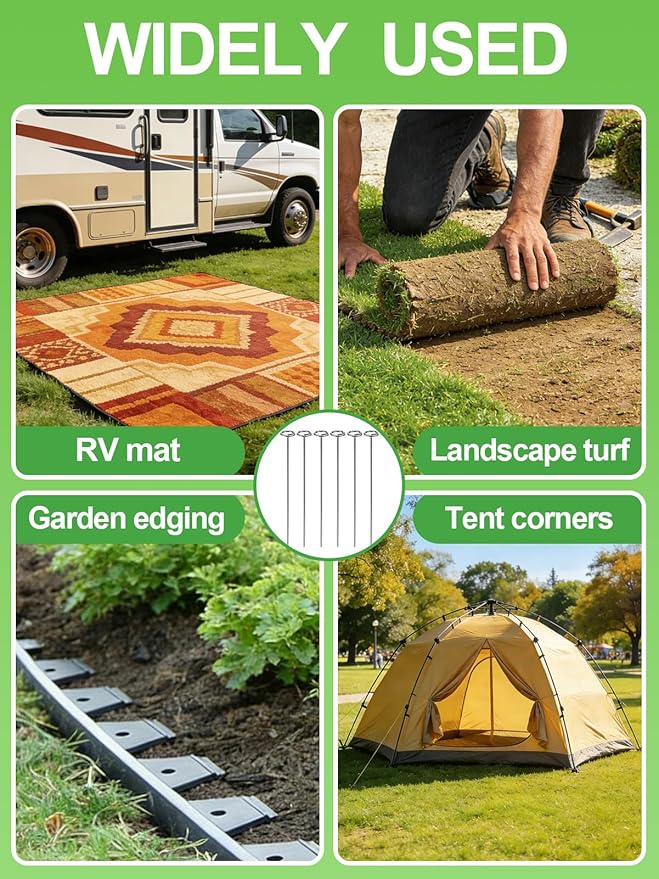 12 Inch Landscape Staples with Hook & Hammer - 120pcs Circle Top Weed Barrier Stakes Kit, 9 Gauge Galvanized Rust-Resistant Garden Fabric Pins, for SOD, Garden Edging, Install & Remove Tools Included