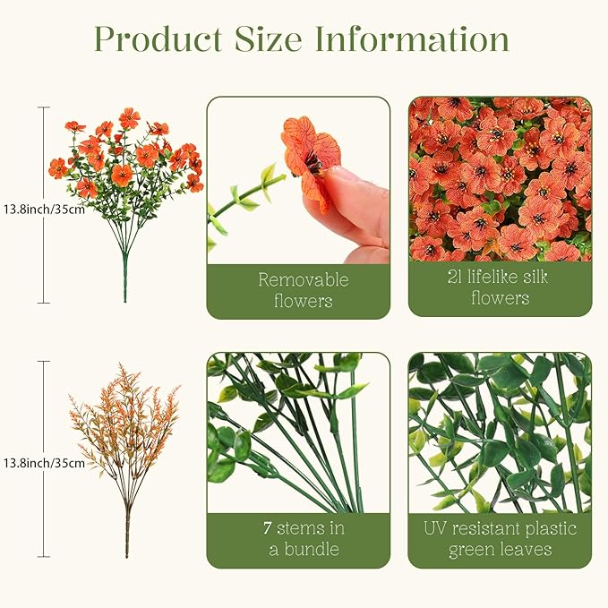 SHareconn 24 Bundles Artificial Flowers for Outdoors Decoration, Faux Plants Fake Silk Colorful Daisy Eucalyptus Lavender, UV Resistant for Outside Home Porch Patio Indoor Spring Decor, Orange