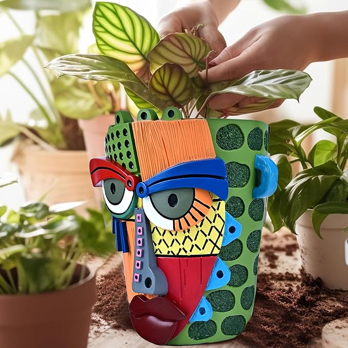 Midogaigai Abstract Face Planter Pots for Plants,Hand-Painted Colorful Flower Pots with Drainage, Indoor Outdoor Garden Decor Gift(Modern,Large)