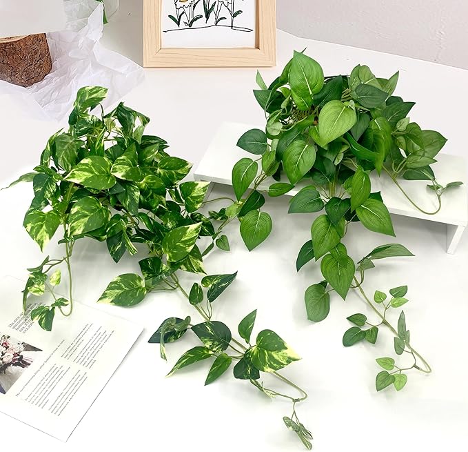 Artificial Hanging Plants with White Pots –2 Pack Fake Pothos Potted Plants Faux Ivy Vines 23.6‘’, Realistic Greenery Hanging Fakeplants Indoor for Home Decor, Bedroom, Bathroom, Office, Living Room