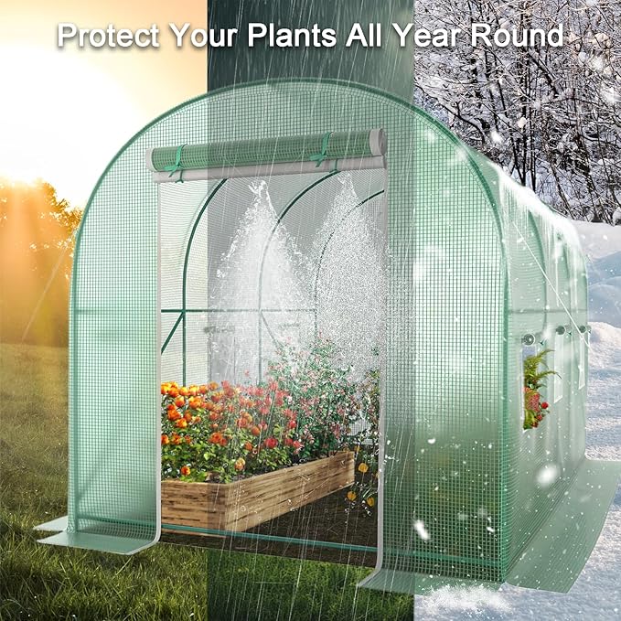 10x7x7 Walk-in Greenhouse with Watering System, Heavy Duty Green House for Outdoors, Portable Green Houses for Outside, Winter Hot House with Metal Frame & Roll-up Zipper Door Screen Windows