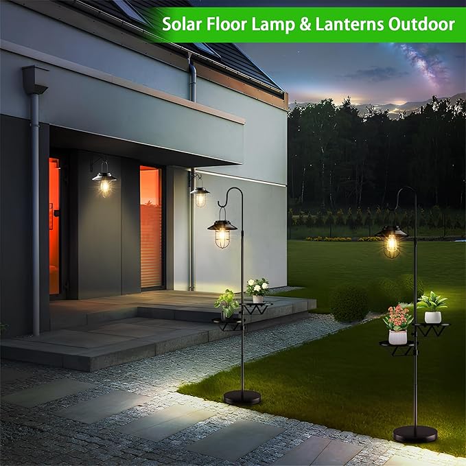 60.62'' Shepherd's Hook Stand Plant with Solar Lantern, Outdoor Floor Lamp, Wind Chime Hanger Stand, Waterproof Metal Adjustable Height Standing Pole Holder & Light for Patio Decor (2 Placement Racks)