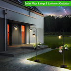 60.62'' Shepherd's Hook Stand Plant with Solar Lantern, Outdoor Floor Lamp, Wind Chime Hanger Stand, Waterproof Metal Adjustable Height Standing Pole Holder & Light for Patio Decor (2 Placement Racks)