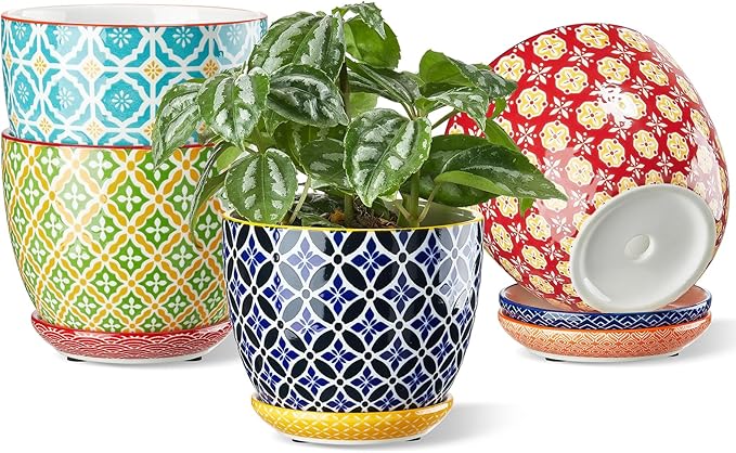 Metahom Ceramic Plant Pots, 4.9 Inch Flower Pots with Drainage Hole & Saucer, Colorful Planter Pots for Houseplants, Succulent, Catus, Home Decor, Set of 4, Vibrant Colors