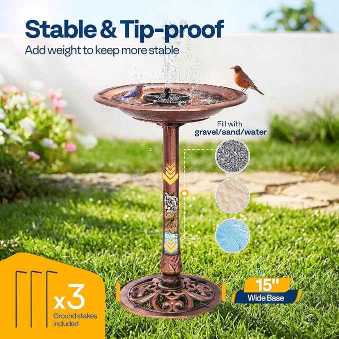 VIVOHOME Bird Bath with Solar Fountain for Outside, Polyresin Pedestal Bird Baths with Solar Powered Pump for Outdoor, Garden, Weather-Resistant Birdbaths with 20" Bowl, Bronze