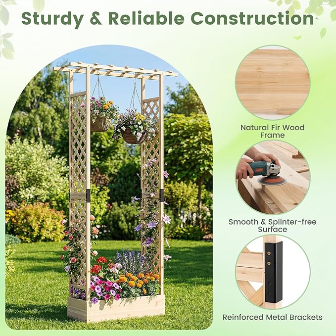 BECOMFORT Raised Garden Bed with Trellis & Hanging Roof, 89" Tall Fir Wood Planter Box with Drainage Holes, Outdoor Elevated Garden Planter for Climbing Vines, Perfect for Patio, Lawn & Backyard