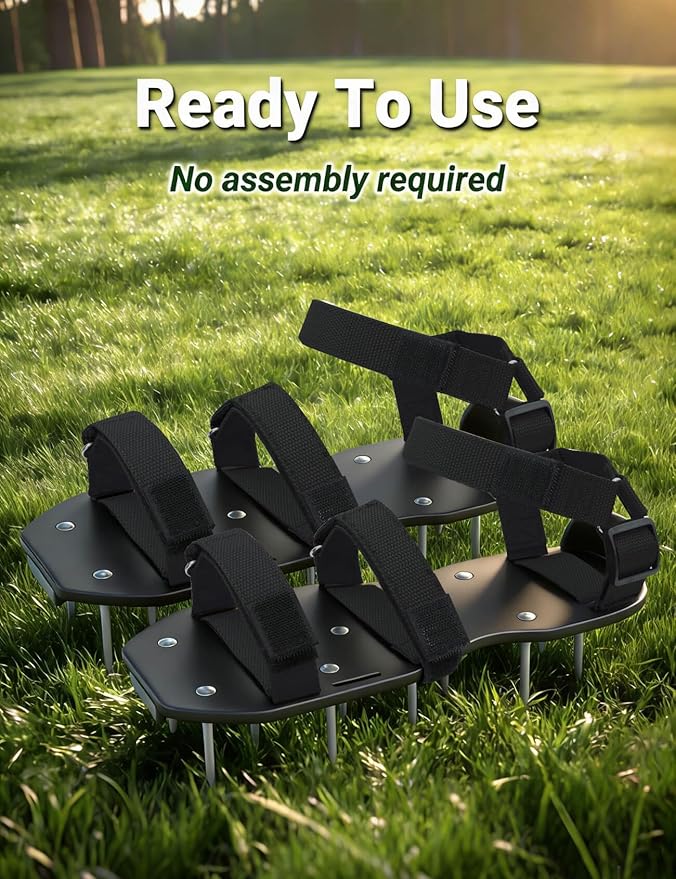 Lawn Aerator Shoes with Hook & Loop Straps for Effectively Aerating Lawn Soil, One Size Fits All Free-Installation Heavy Duty Spiked Sandals Shoes for Yard Grass Garden Black