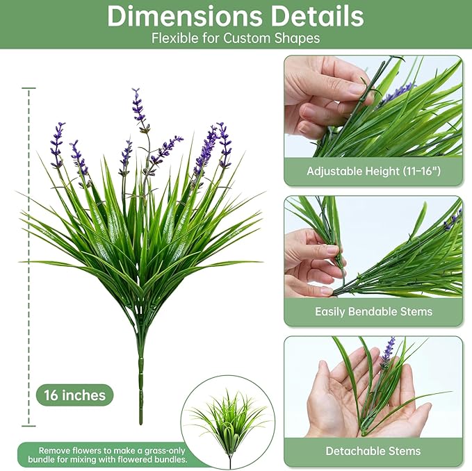12 Bundles UV Resistant No-Fade Outdoor Artificial Plants & Flowers, Adjustable Height Fake Lavender Flowers Indoor & Outdoor Decor for Garden Patio Pathway Hanging Planter Front Porch