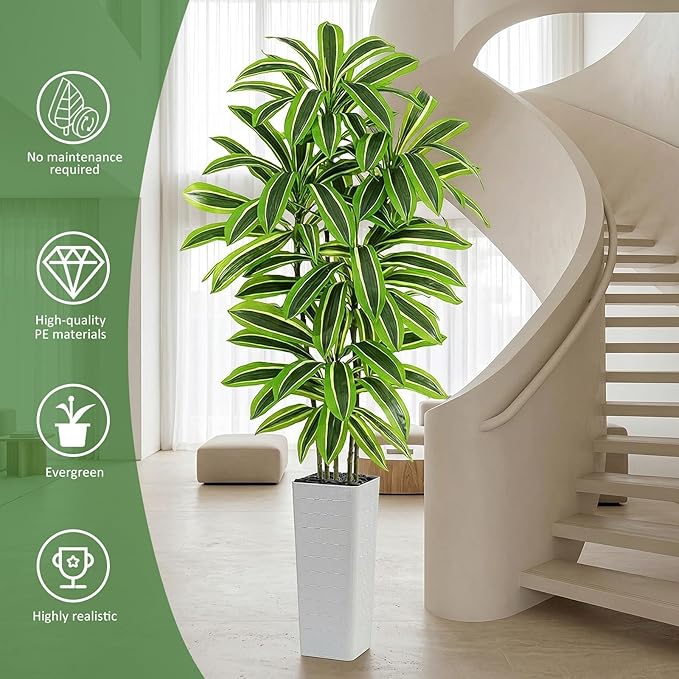 Artificial Yellow Dracaena Tree - 7FT Tall Fake Plants with White Tall Planter - Artificial Plants Indoor Floor Plant in Pot - Large Tropical Fake Yucca Potted Tree for Home Office Living Room Decor