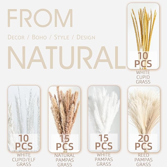 70PCS Natural Dried Pampas Grass Boho Home Decor Bouquet Phragmites Dried Flowers Bouquet for Wedding Floral Arrangements Living Room Decorations (70PCS)