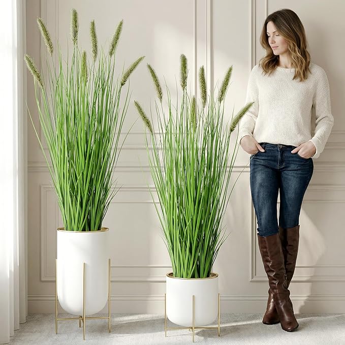 Artificial Cattail Reed Grass Plants Indoor ，Faux Cattail Grass Plant Artificial Plant Grass Outdoor,Fake Grass Tall Green Onions Fake Plant， Living Room Kitchen Office Decoration 47“2 Pcs