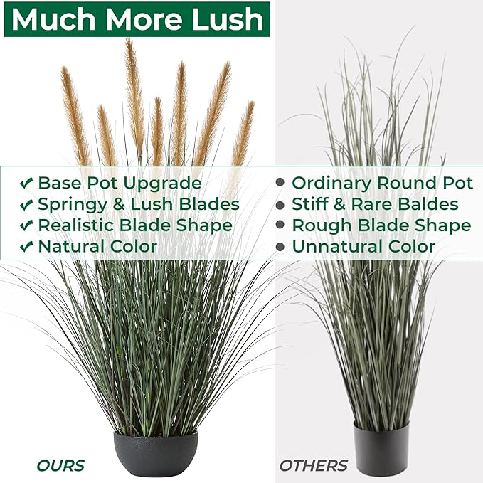 FloraFairy 4ft Onion Grass, Artificial Plant and Greenery, 48in Faux Horsetail Reed Grass with 10 Feathery Flower Heads, Potted Fake Floor Plants for Indoor Outdoor, House Decorative