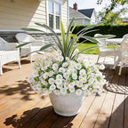 INXUGAO Artificial Flowers for Spring Outdoors Fake Plants Outside, 12 Bundles Silk Morning Glory with Eucalyptus UV Resistant Realistic Faux Flowers for Porch Planter Garden Patio Decor (White)