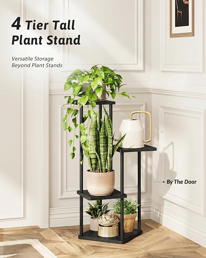 GENTINGBRO Tall Plant Stand Indoor 4 Tiered Plant Shelf for Multiple Plants Coner Shelf Stand Wood Plant Stand Metal Shelving for Living Room Bedroom Balcony Patio Black
