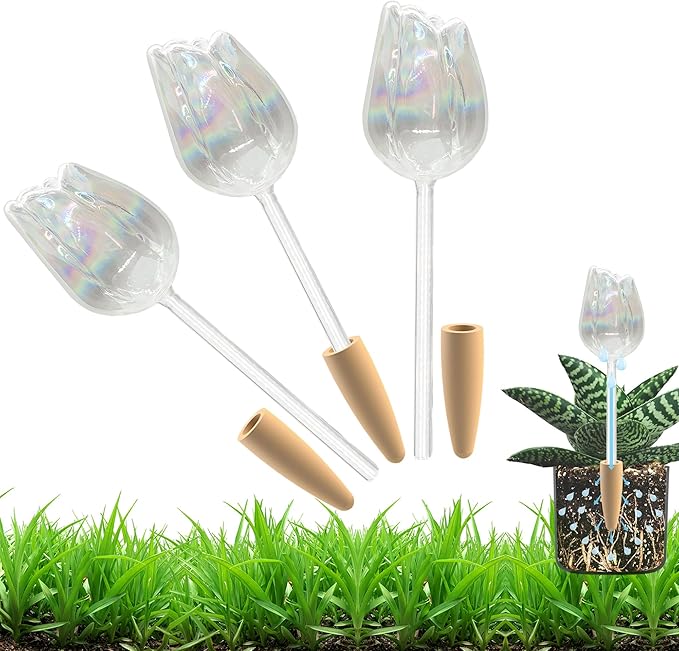 HyJeryty 3 Pack Non-Clogging Iridescent Tulip Plant Watering Globes with Terracotta Spikes, Hand Blown Glass Self Watering Planter Insert Plant Watering Devices Bulbs for Indoor and Outdoor Plants