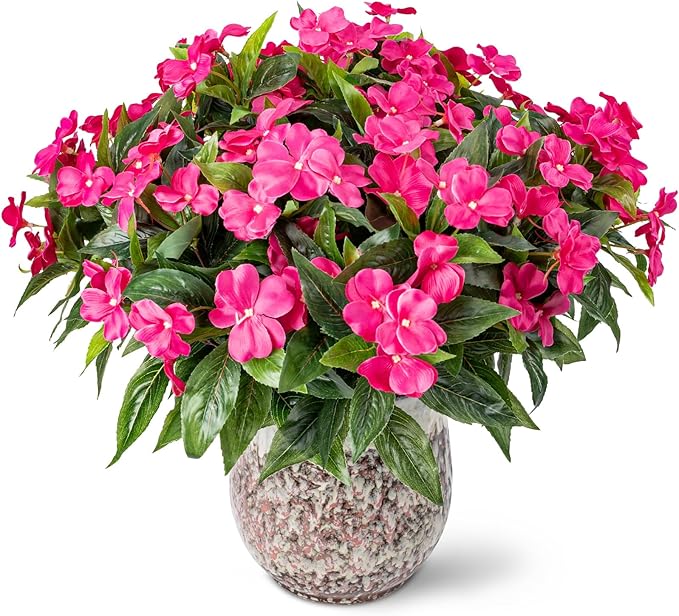Nigirior Artificial Fake Flowers for Outdoor Décor 6 Bundles UV Resistant Fake Plants for Planter Faux Impatiens for Home Porch/Garden Stunning（Rose Red）