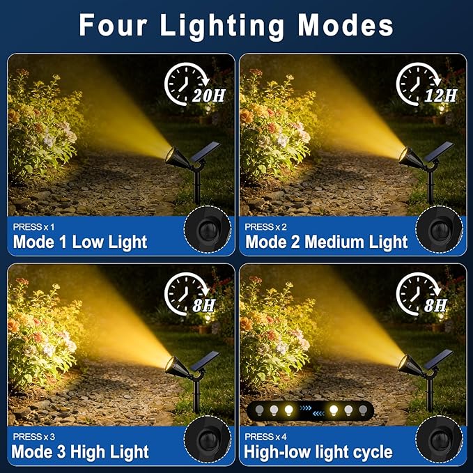 WELALO Solar Spot Lights Outdoor Waterproof IP65, 2 Pack 4 Lighting Modes Solar Powered Landscape Spotlights with Auto On/Off, Solar Garden Christmas Yard Pathway Wall Lights for Outside, Warm White