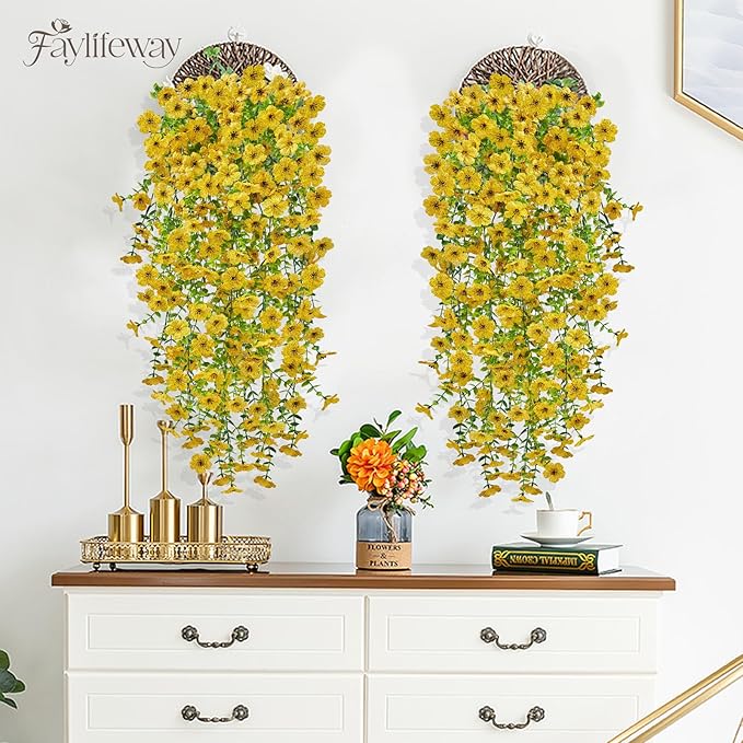 Artificial Hanging Flowers for Outdoors Spring Summer Decoration, 4PCS UV Resistant Silk Fake Hanging Plants for Patio Porch Front Yard Window Garden Indoor Decor(Yellow,4PCS)