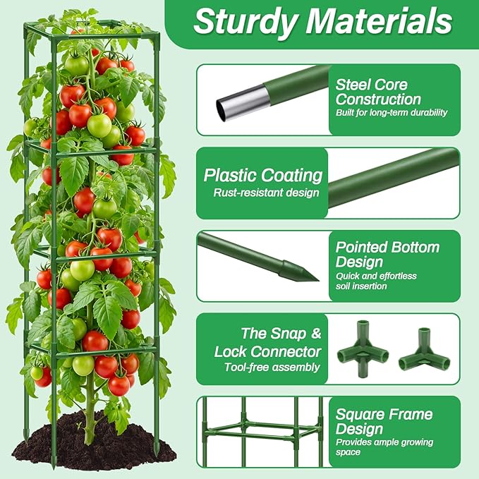 4 Pack Square Tomato Cages for Garden, 60 Inch Adjustable Tomato Stakes, Metal Tomato Trellis, Garden Plant Support for Potted Climbing Plants, Vegetables Flowers Fruits, Raised Garden Bed