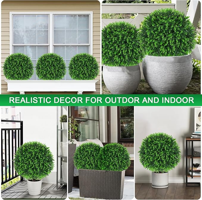 Artificial Eucalyptus Topiary Ball Trees, 2 Set of 16'' UV Resistant Fake Evergreen Shrubs Bushes Plants with Ground Spike, Fake Plants for Outdoor Indoor Front Porch Garden