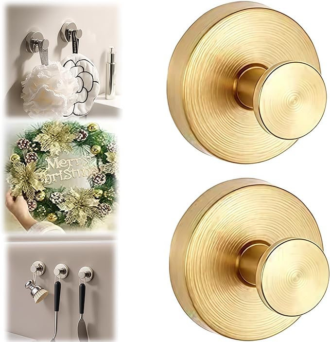 Suction Cup Hooks for Wreaths on Glass, Suction Cup Hooks for Inside Shower, Wreath Hangers for Front Doors, Metal Towel Hooks for Showers Bathrooms Mirrors (2, Gold)
