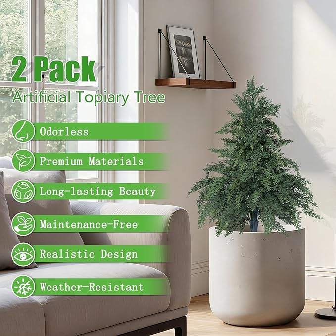 Yangrass 2 Pack 24" Cypress Topiary Trees Artificial Outdoor with Ground Spike, UV Resistant Fake Shrubs Bushes Faux Cedar Pines Trees, Real Touch Faux Evergreen Plants for Home Front Porch Garden