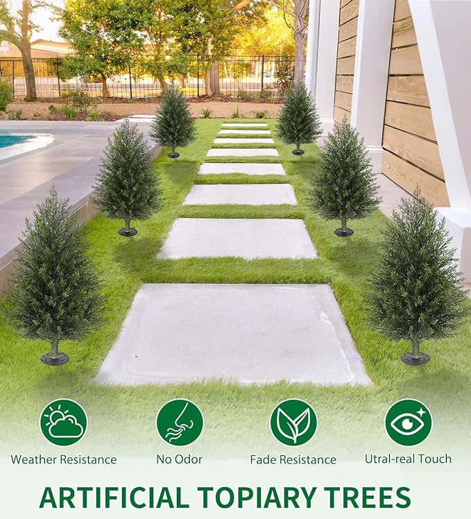 Hollyone Artificial Cedar Topiary Trees with Ground Spike, 2 Pack 32" Fake Pine Shrubs Bushes Trees Faux Cypress Plants for Indoor Outdoor Planters Front Porch Garden Decor UV Resistant