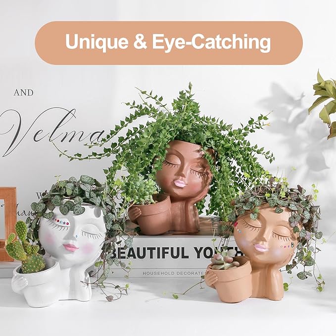 vomiceak Face Planter Pots Head Planters for Indoor Outdoor Plants - Double Plant Pots for Flower Succulent with Drainage Holes - Gift Ideas for Mother (Black Lady)