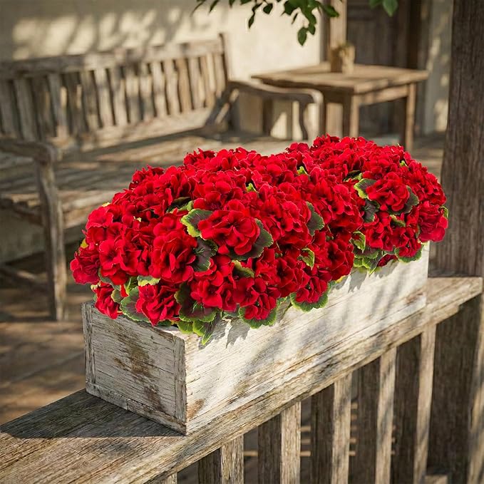 lovemoon 16 Pcs Artificial Geranium Plant Realistic Silk Flowers for Outside UV Resistant Faux Geraniums Flowers for Indoor Outdoor Home Garden Office Decoration (16, Red)