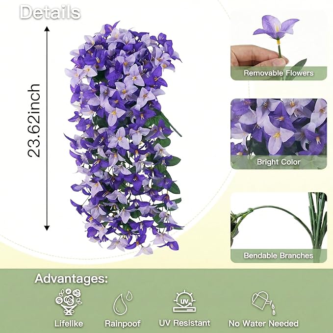 Artificial Flowers for Outdoors Fake Purple Bougainvillea Hanging Flower Decoration, 2Pcs Realistic Faux Silk Plants Long Trailing Vines, Spring Decor for Porch Patio Balcony Planter Yard