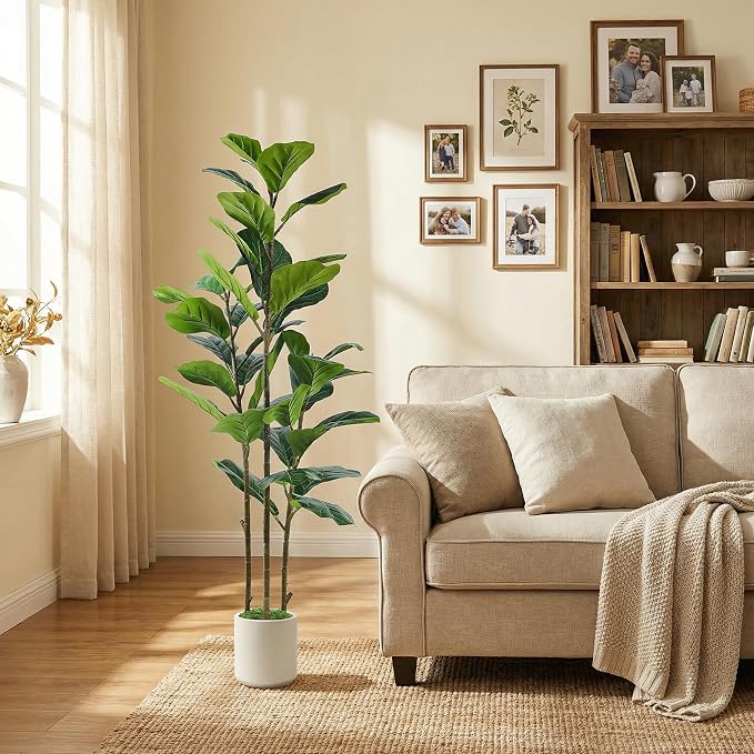 Alupssuc 5FT Artificial Fiddle Leaf Fig Tree with White Planter Pot, 5 feet Tall Fake Tree for Home Decor, Faux Ficus Tree Fake Moss for Indoor Outdoor Office Living Room