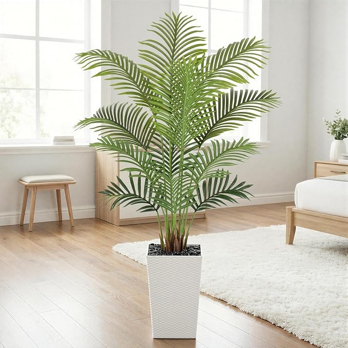 5ft Artificial Palm Tree with White Planter - Tall Fake Palm Tree Indoor Fake Tropical Plant for Home Office Living Room Bedroom Modern Decor