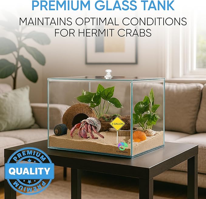 EctoTherm Hermit Crab Tank - 5 Gallon Tank with Lid - Complete Hermit Crab Cage for Large & Small Crabs - Glass Tank