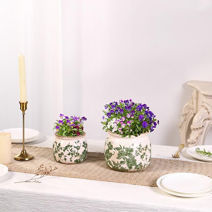 Vintage Ceramic Planters with Drainage Hole, Floral Plant Vases for Indoor Greenery, Tuscan Gardening Decor, Green Ceramic Planters for Christmas & Home Decor(2 Pcs)