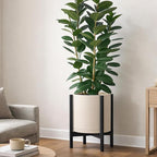 D'vine Dev Planter Pot with Stand - 14 Inch Plastic Cylinder Flower Pot with Wood Planter Holder for Indoor, Oatmeal Pot + Ebony Stand, 55-C-T-4