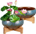 Baderke 2 Pcs Lotus Bowl Planter with Base Ceramic Hydroponic Planter Water Lily Bowl for Planting Aquatic and Indoor Plants Household Ceramic Basin Decor(Blue)